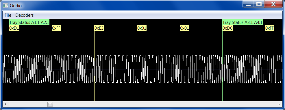 One Mate-trac message, beginning with one FF byte and followed by four data bytes. The yellow flags indicate the end of a byte and the green flags indicate the end of a message.
