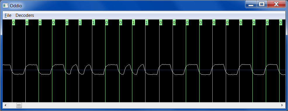 A snippet of the biphase mark waveform with annotations showing how it's interpretted as a stream of bits.