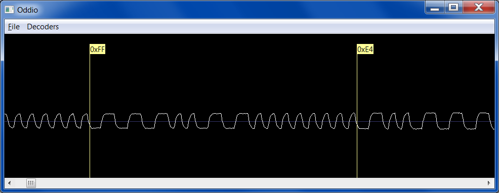 The waveform between the markers is for a single byte of value 0xE4, beginning with a 0 start bit, followed by the data bits from LSB to MSB, and completed with a 1 stop bit.