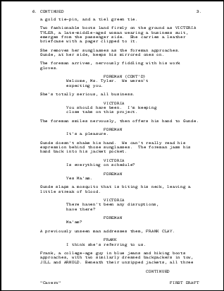Image of a screenplay page formatted with ScriptTeX.